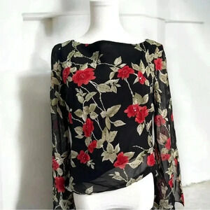 100% silk floral rose Fairycore longsleeve blouse  8 romance